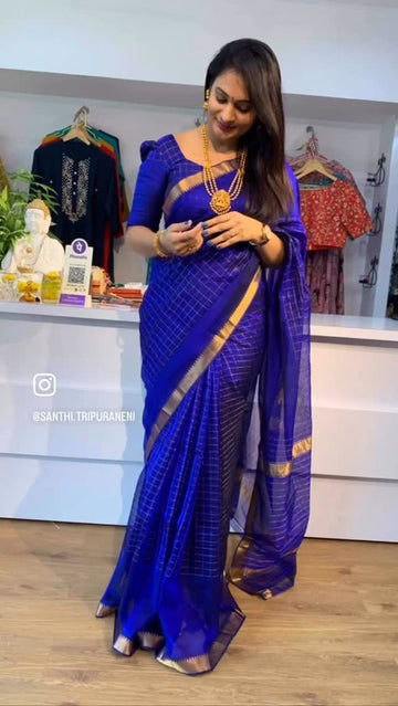 Mangalagiri Pattu zari checks saree - small border - blue
