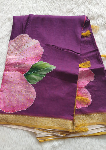 Pure Crape Digital Printed Handwork saree