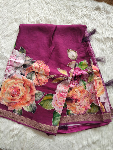 Pure Crape Digital Printed Handwork saree