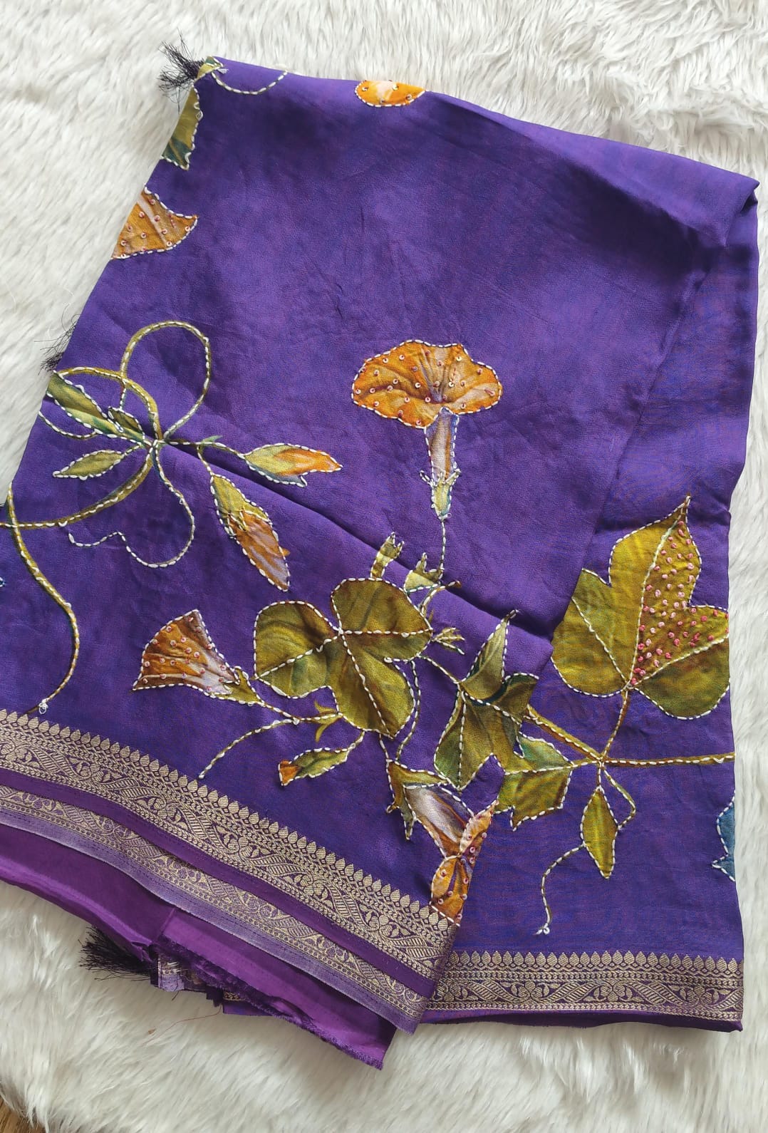 Pure Crape Digital Printed Handwork saree