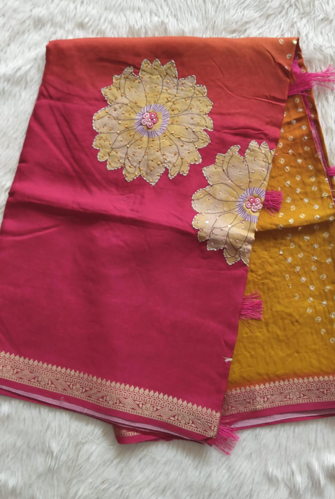 Pure Crape Digital Printed Handwork saree