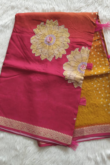 Pure Crape Digital Printed Handwork saree