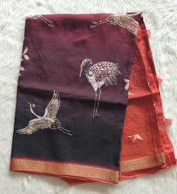 Pure Crape Digital Printed Handwork saree