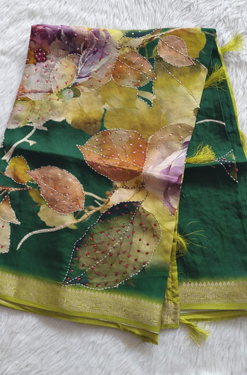 Pure Crape Digital Printed Handwork saree