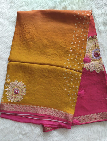 Pure Crape Digital Printed Handwork saree