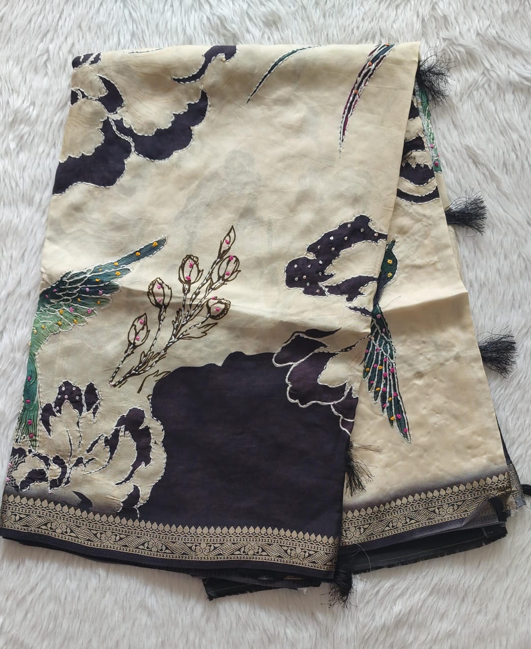 Pure Crape Digital Printed Handwork saree