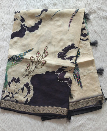 Pure Crape Digital Printed Handwork saree