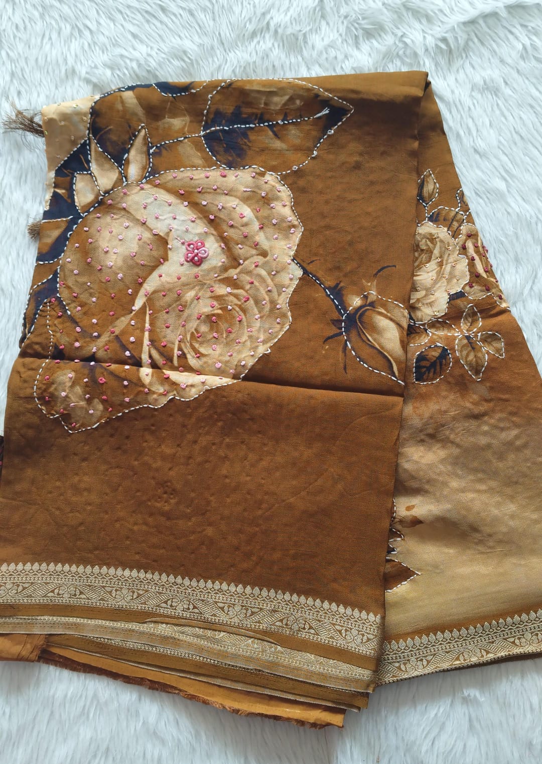 Pure Crape Digital Printed Handwork saree