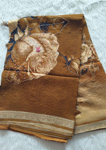 Pure Crape Digital Printed Handwork saree