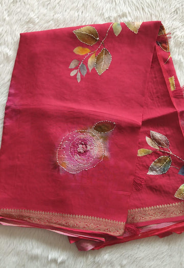 Pure Crape Digital Printed Handwork saree