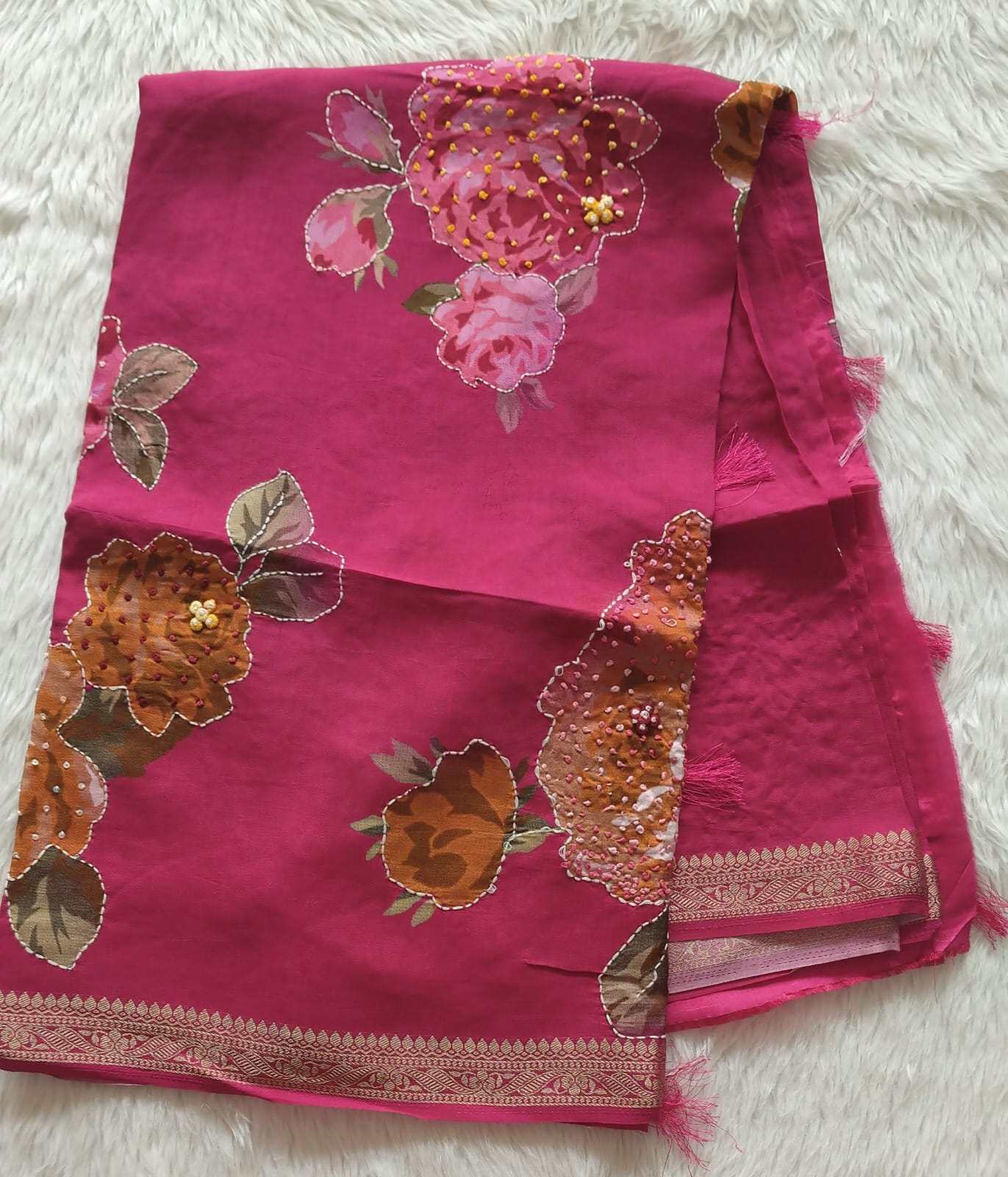 Pure Crape Digital Printed Handwork saree