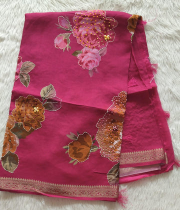 Pure Crape Digital Printed Handwork saree