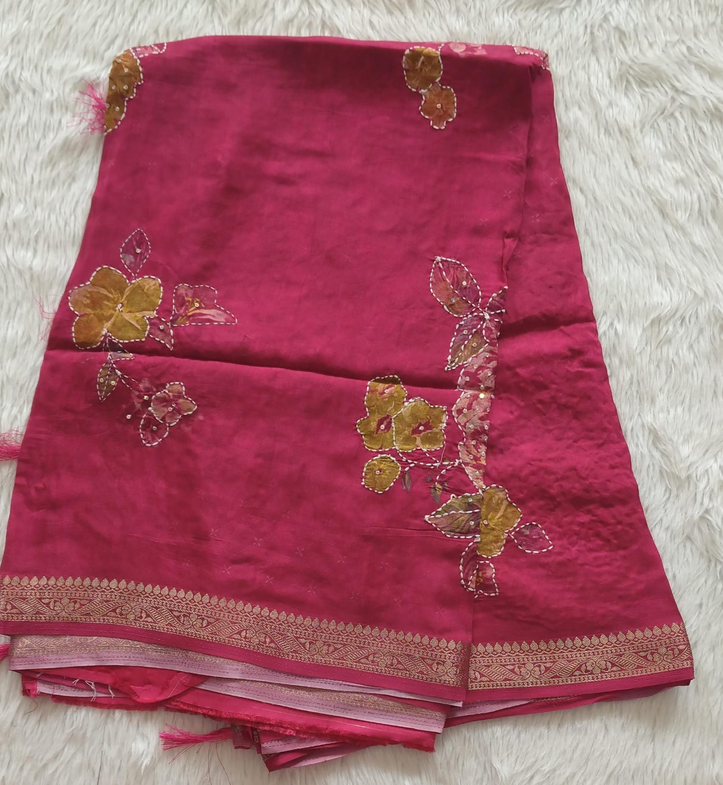 Pure Crape Digital Printed Handwork saree