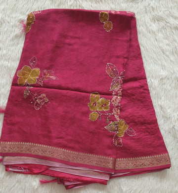 Pure Crape Digital Printed Handwork saree