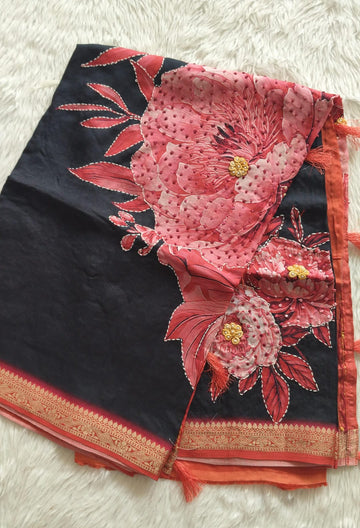 Pure Crape Digital Printed Handwork saree