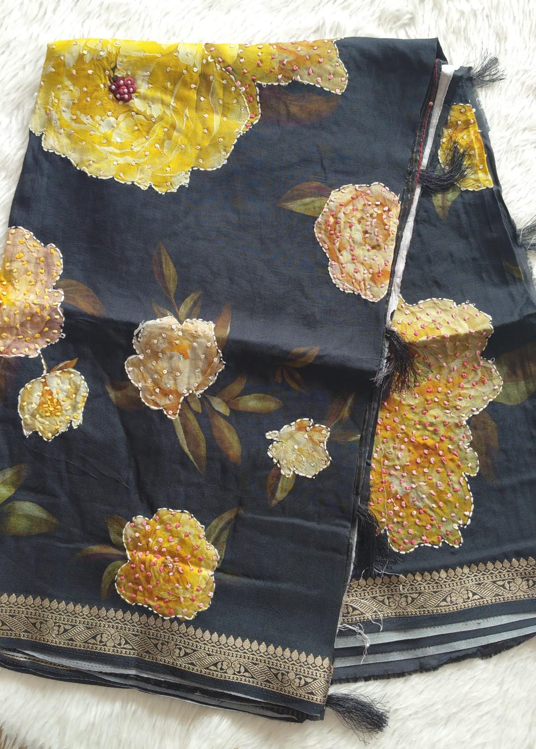 Pure Crape Digital Printed Handwork saree