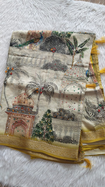 Pure Crape Digital Printed Handwork saree