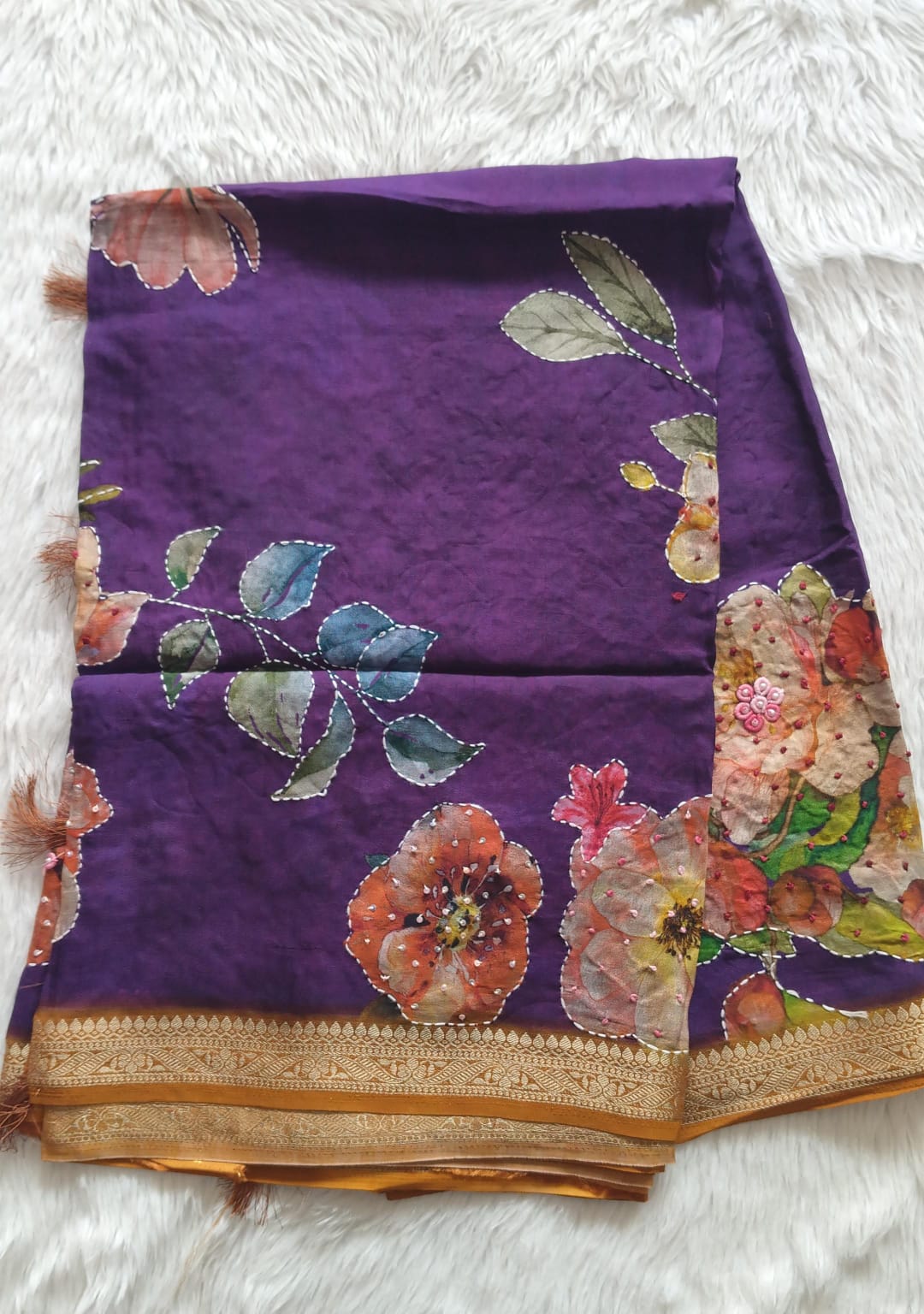 Pure Crape Digital Printed Handwork saree