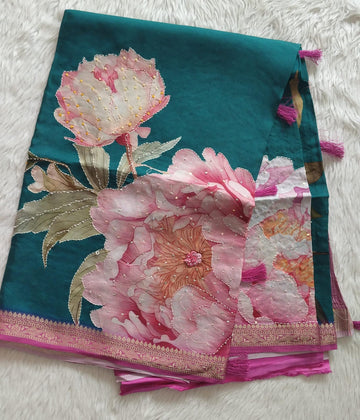 Pure Crape Digital Printed Handwork saree